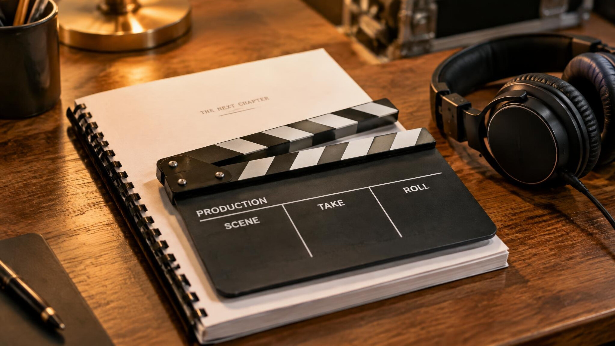 Clapperboard and script on a production desk
