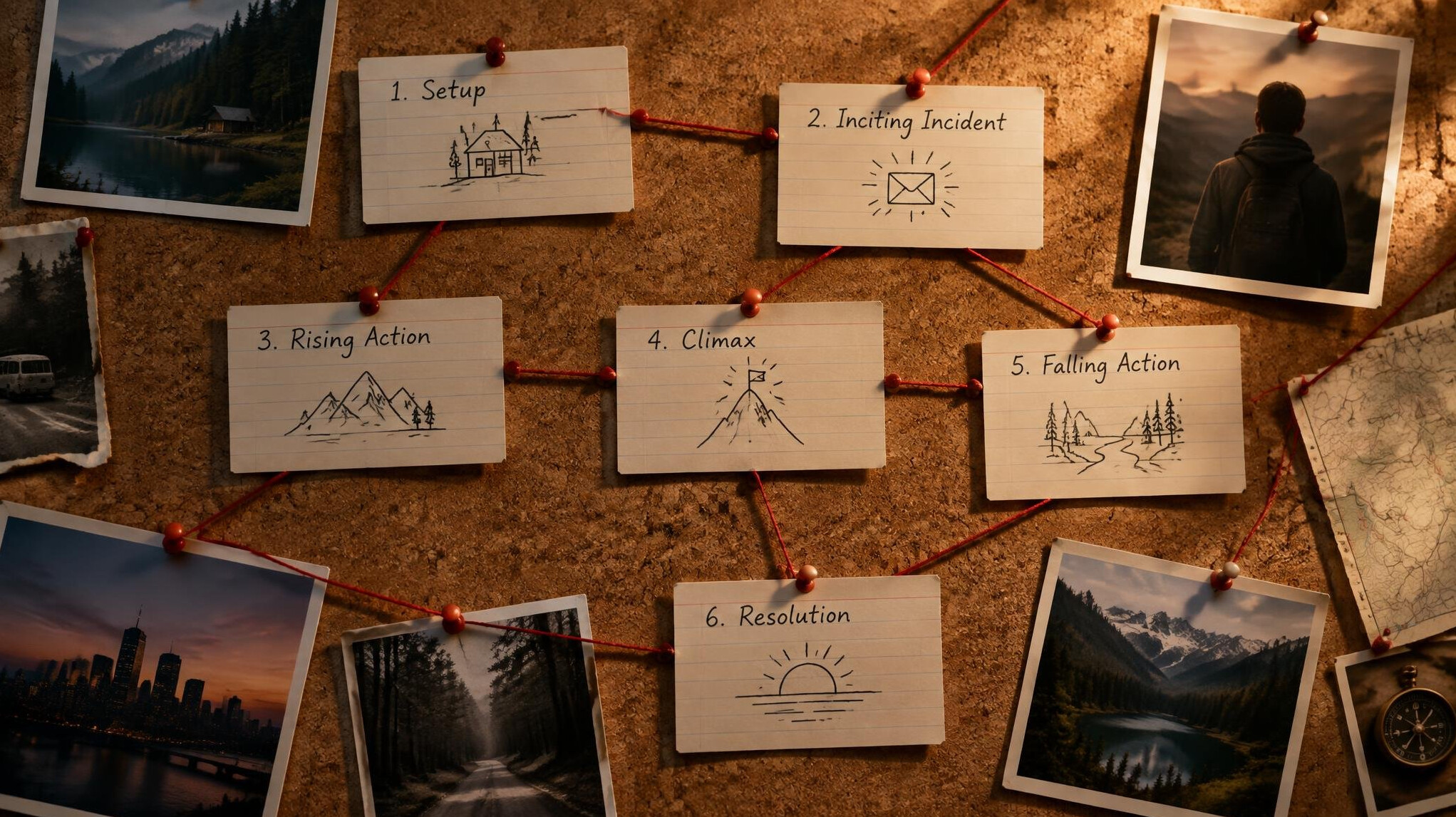 Corkboard with story outline cards and red string connections