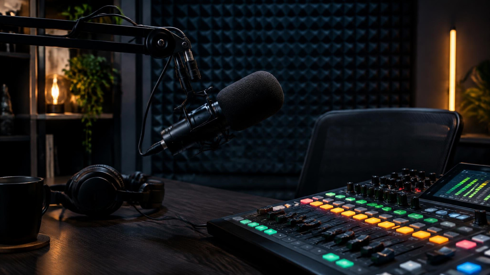Podcast studio segment with microphone and mixing console
