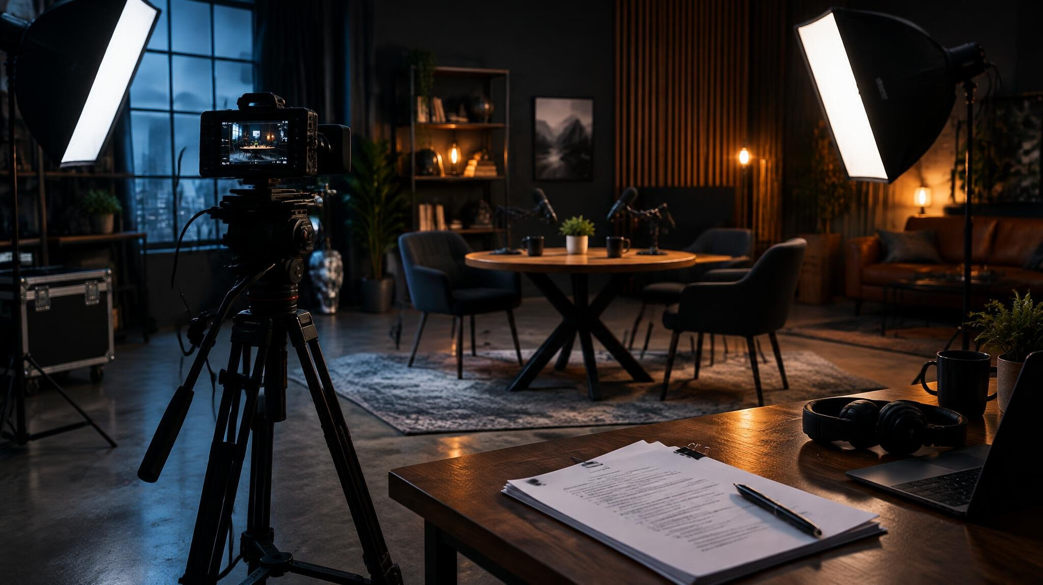 Film production studio with camera and lighting rig