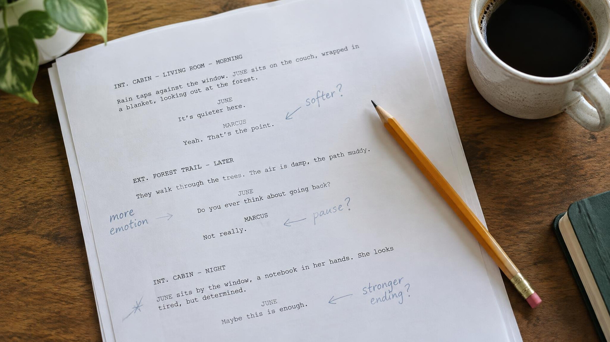 Script pages with handwritten notes and a pencil