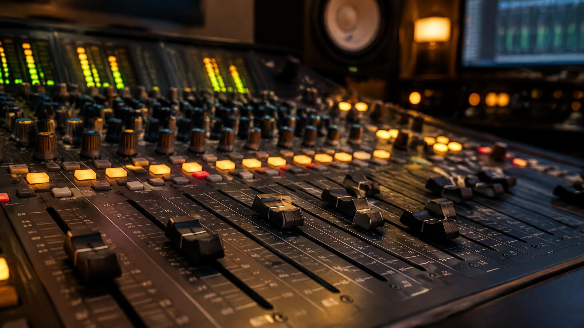 Sound mixing desk with faders in a production studio