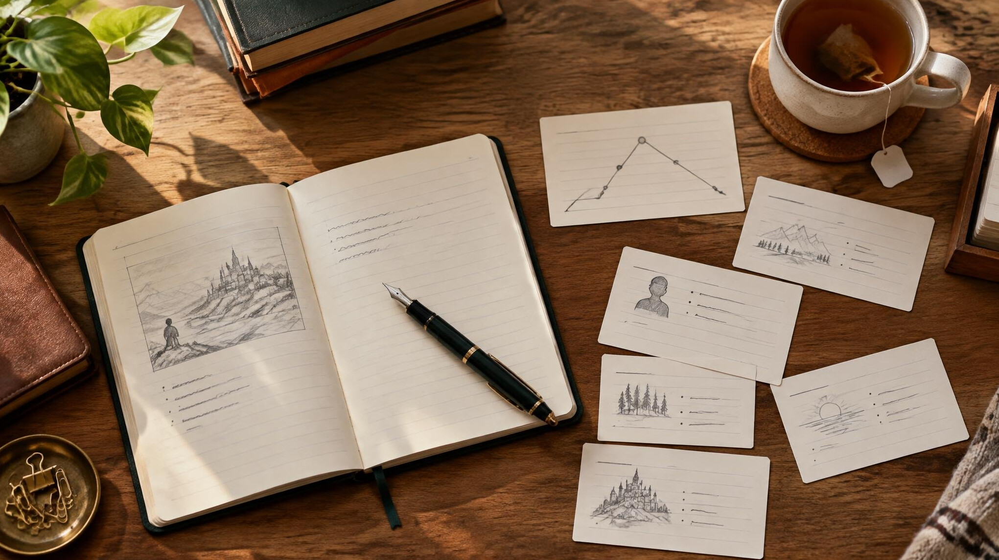 Writer's desk with typewriter and notebooks for scriptwriting