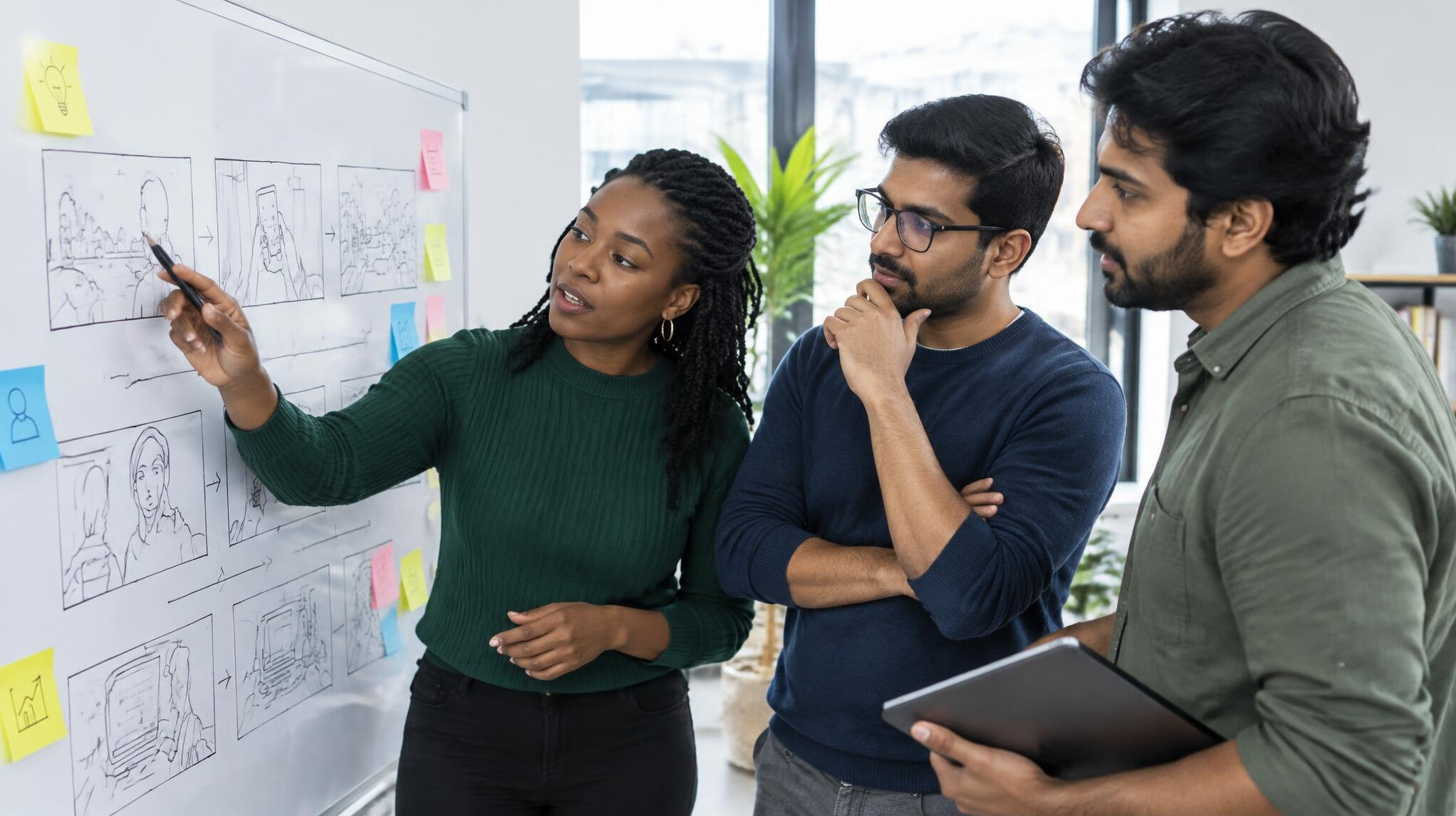 Team reviewing storyboard on a large whiteboard