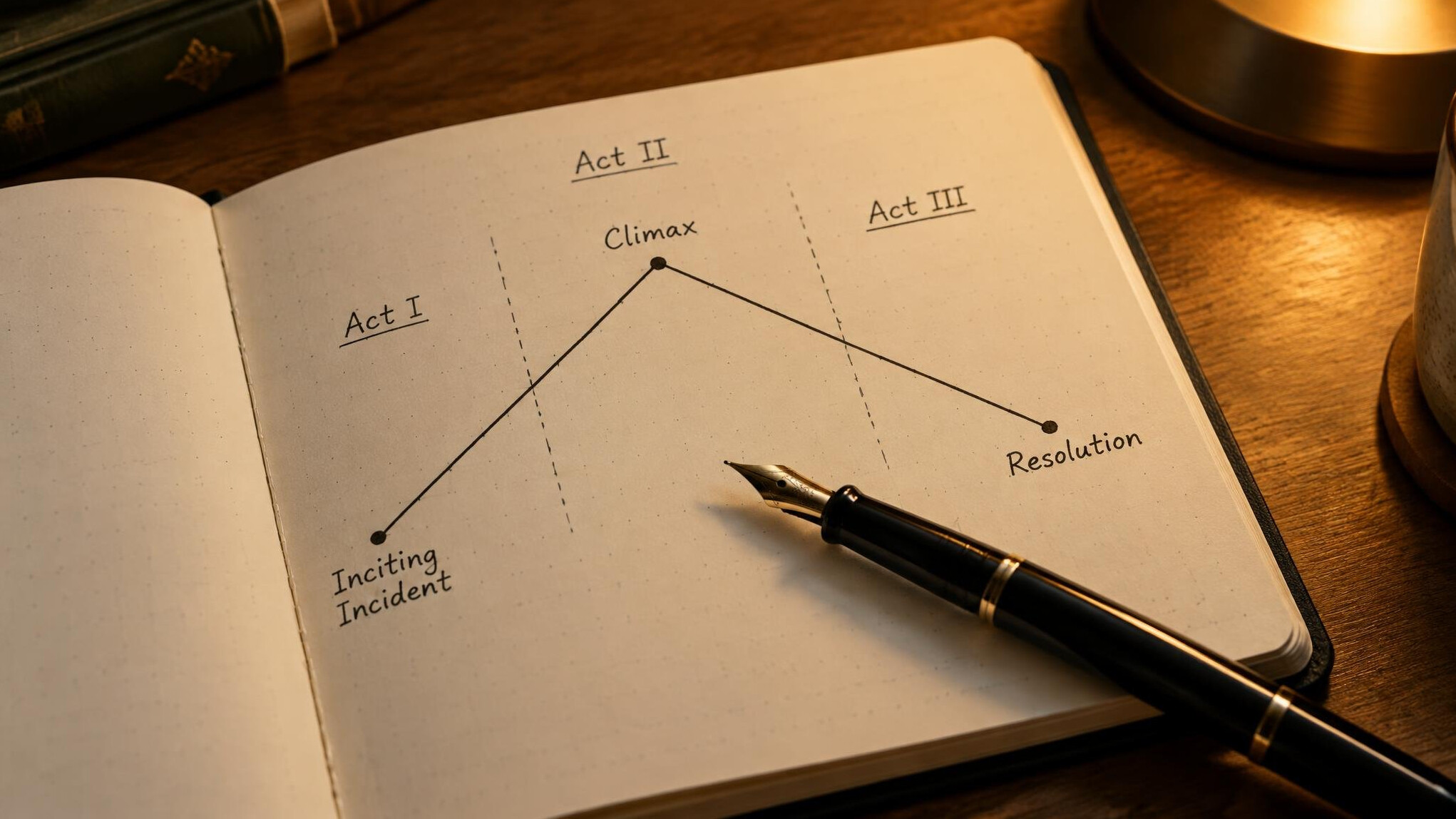 Open notebook with story structure diagram and pen
