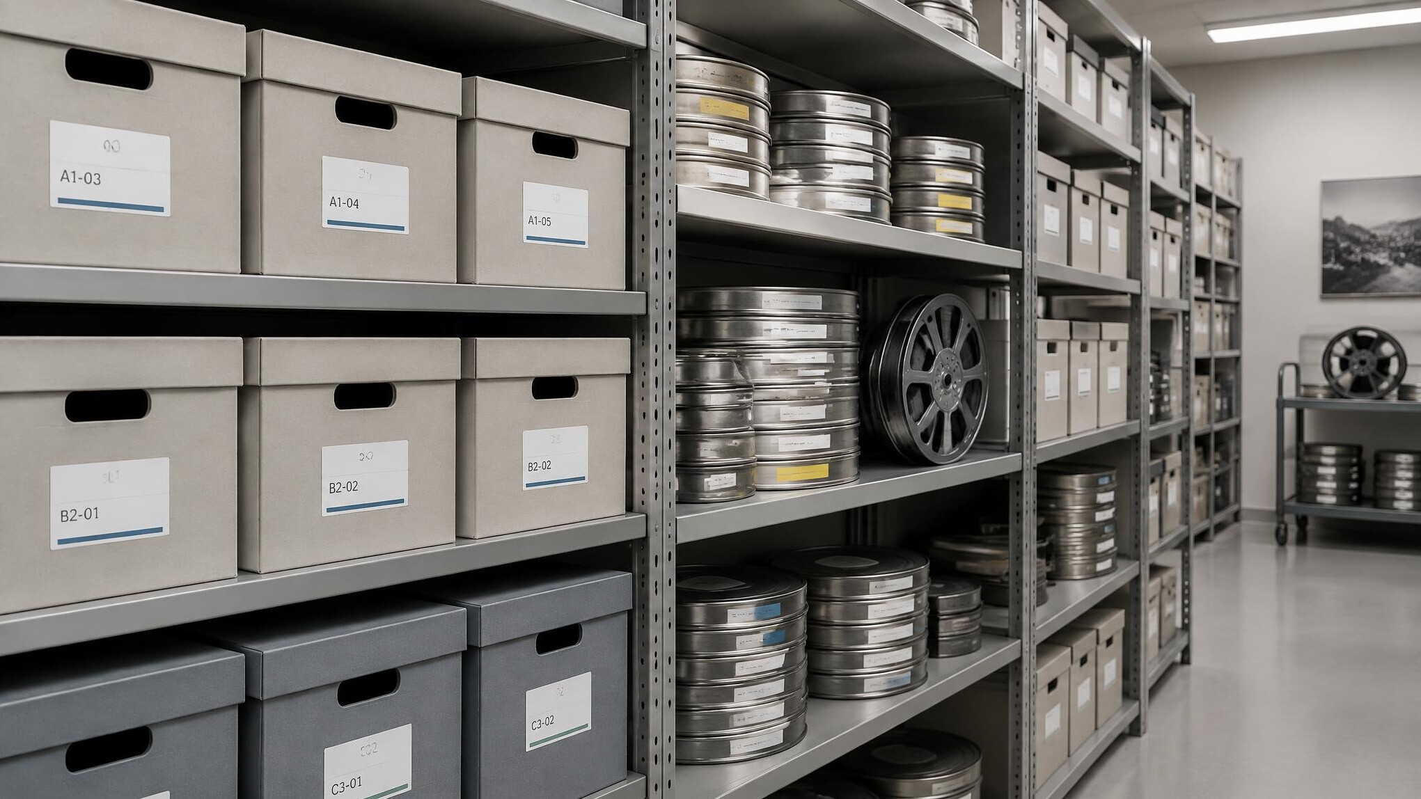 Rows of archived tape reels and labelled storage boxes